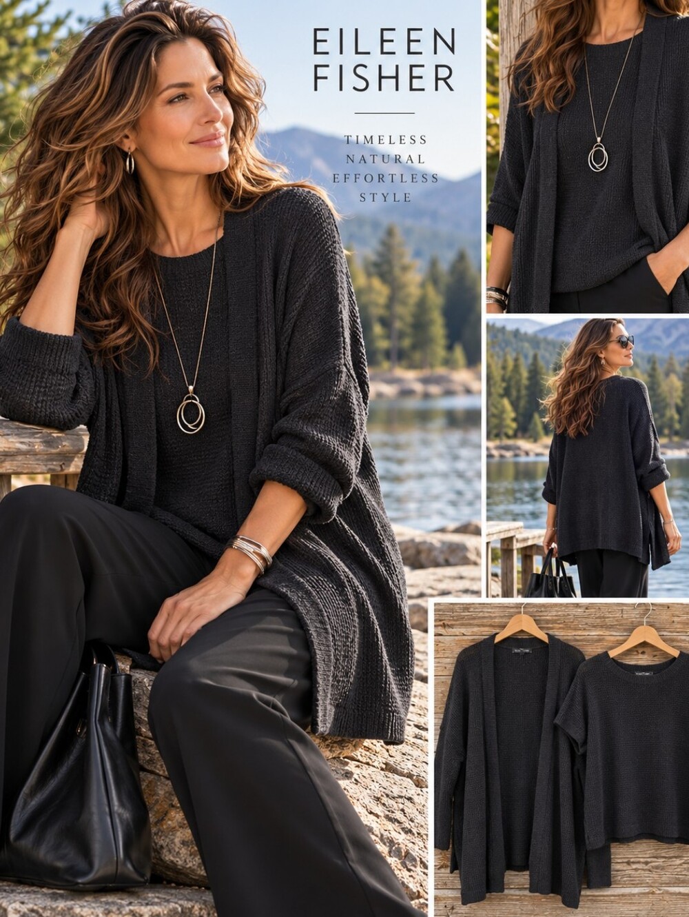 Eileen Fisher Large Black Linen Organic Cotton 2 Piece Cardigan Top Set Lagenloo